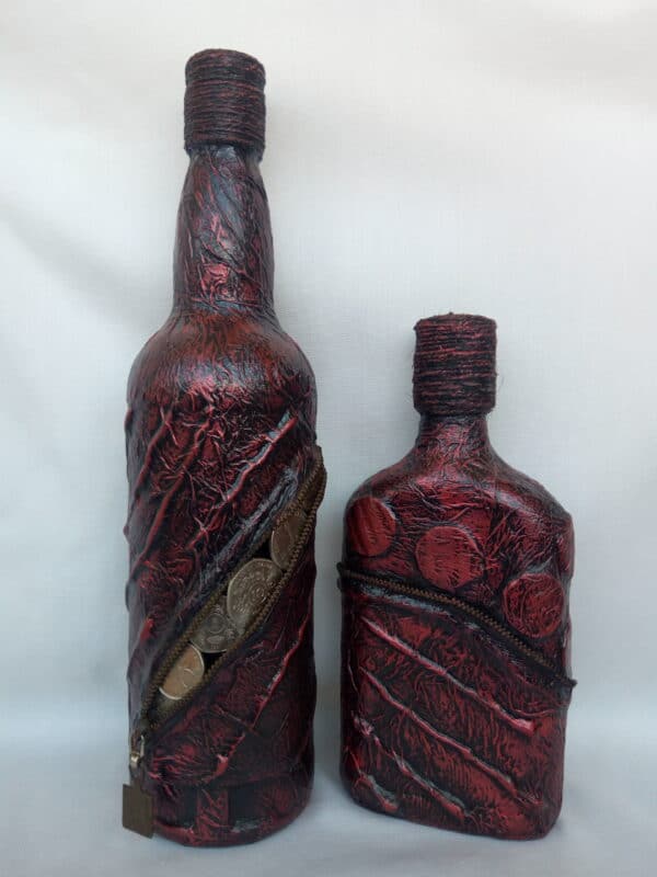 Decorated glass bottles.