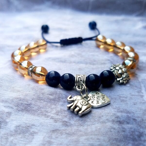 Sparkling Gold Gemstone Bracelet - Heart & Elephant Pendant