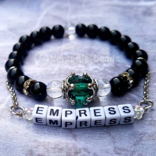 Black Onyx Name Bracelet- Emerald green Crown pendant.