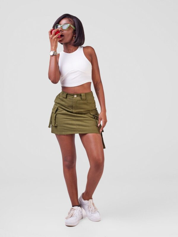 Anika Cargo Skirt With Dynamic Double Pockets & Hanging Straps - Army Green