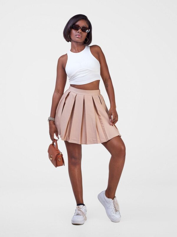 Anika Pleated Highwaist Aline Side Zipper Short Skater Skirt - Beige