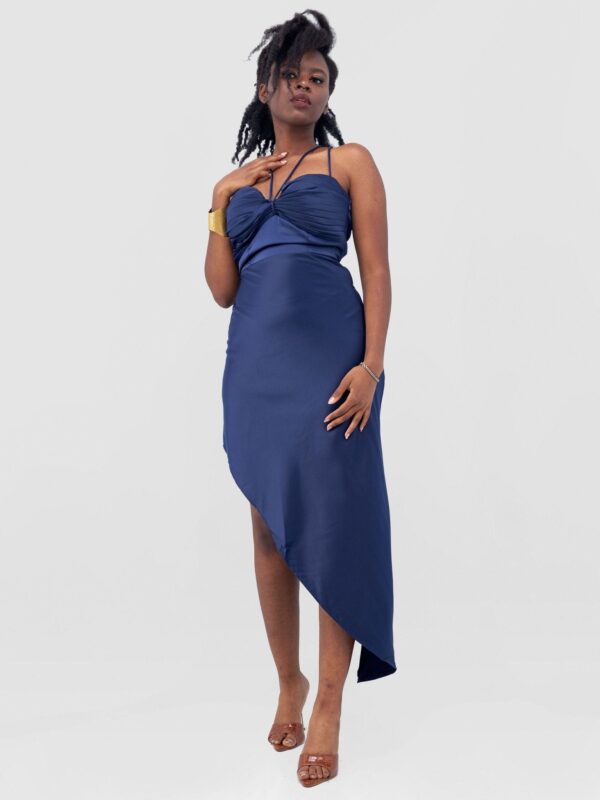 Lola Long Strappy Satin Dress with Pleated Bust - Navy Blue