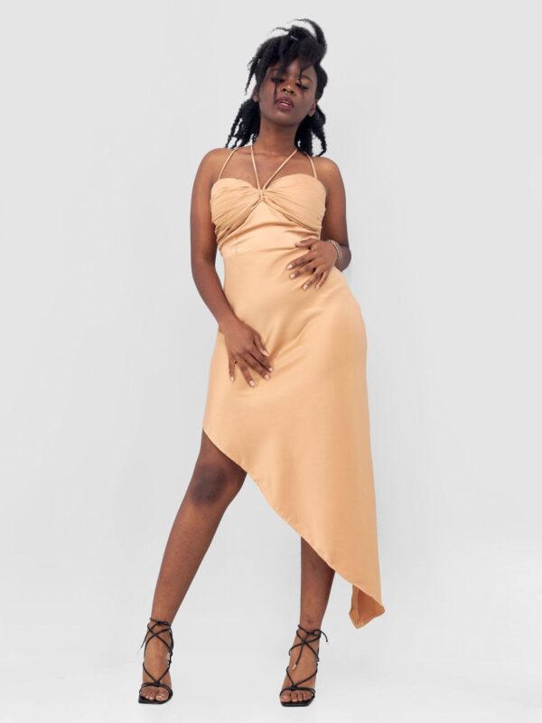 Lola Long Strappy Satin Dress with Pleated Bust - Tan