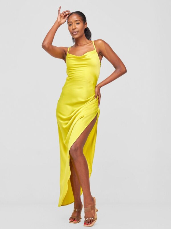 Lola Backless Strappy Satin Dress With High Side Slit - Lime