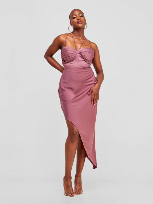 Lola Long Strappy Satin Dress with Pleated Bust - Mauve