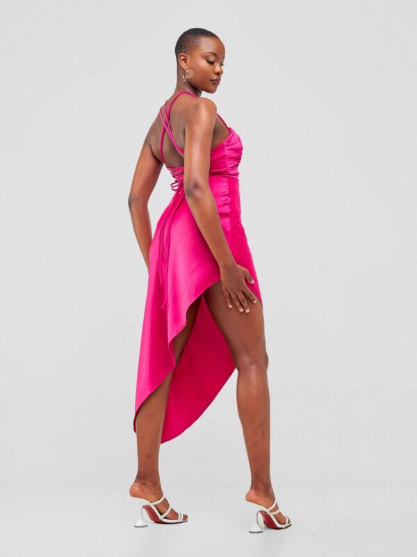 Lola Long Strappy Satin Dress with Pleated Bust - Hot Pink